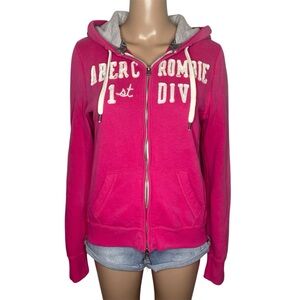 Vintage Y2K Abercrombie & Fitch Pink White Zip Up Long Sleeve Hooded Sweatshirt